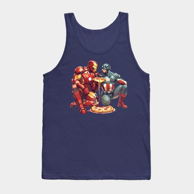 IRONMAN & CAP EATING PIZZA Tank Top by Drank